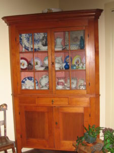 New England pine corner cupboard 2 6-pane glass doors over drawers $3,580-$1,790